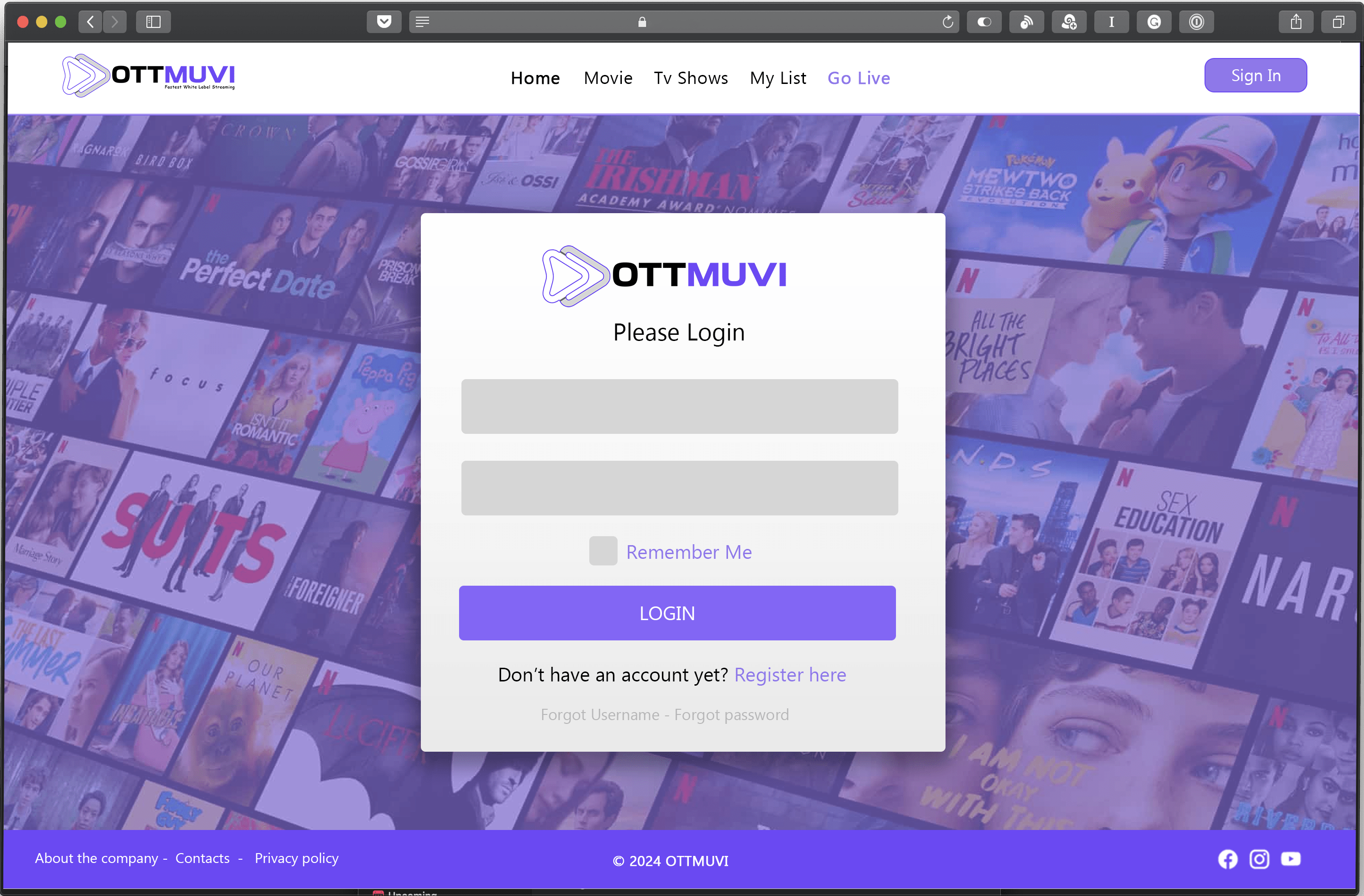 OttMuvi login page with content library background