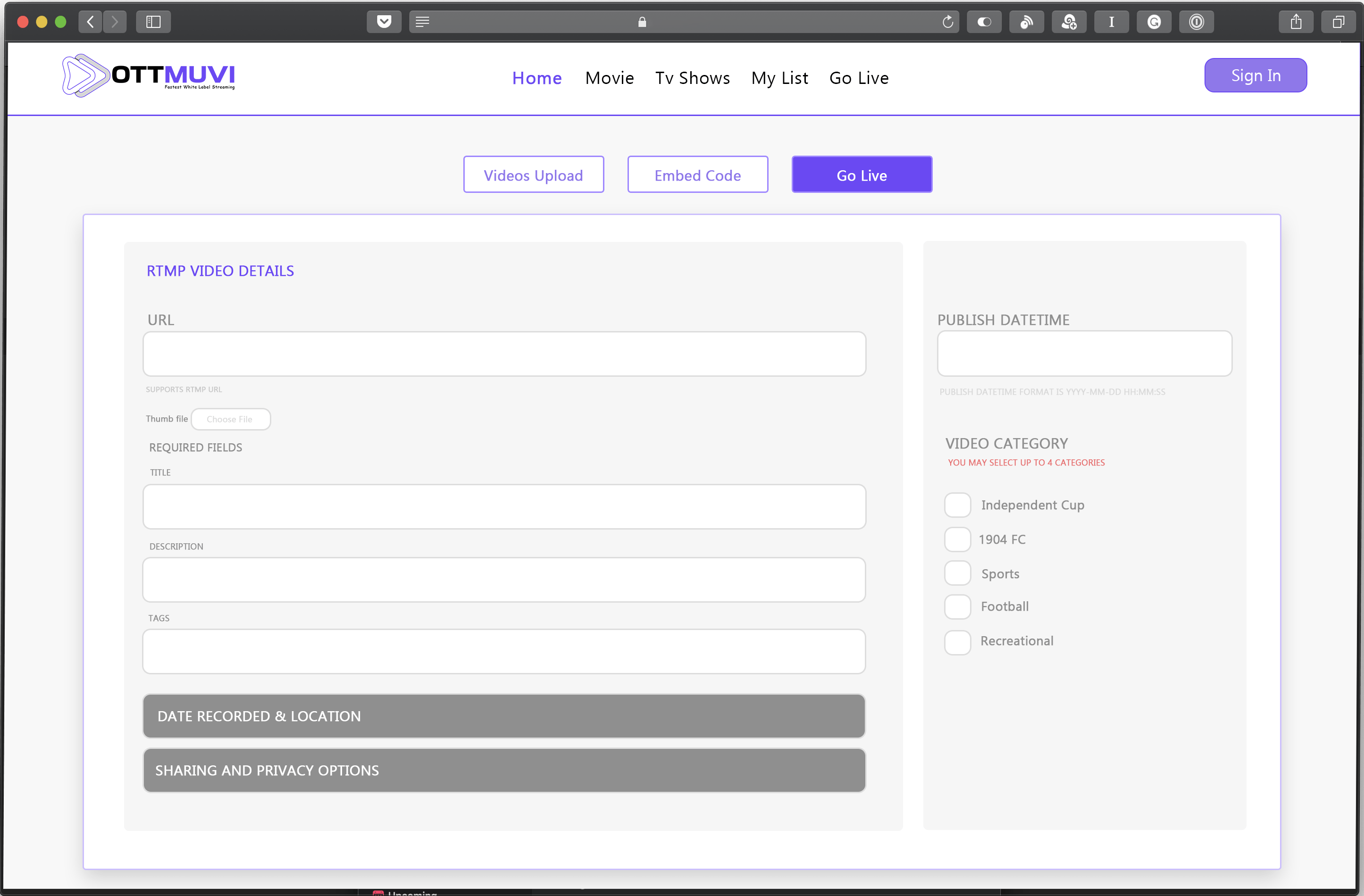 OttMuvi content management interface for uploading videos